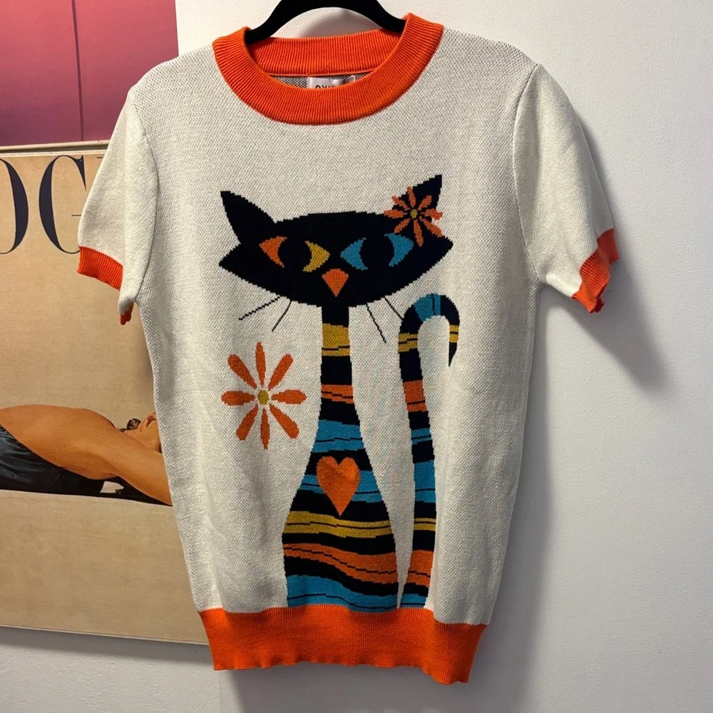 Whimsical Oxyknit Cat Graphic Sweater with Orange Trim L